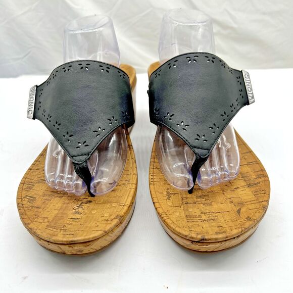 Vionic Womens Anitra Black Leather Wedge Thong Cork Sandals Flip Flops Size 11 - Picture 3 of 16